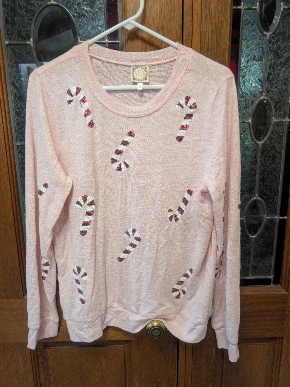 Womens sequin candy cane sweater, size Large
